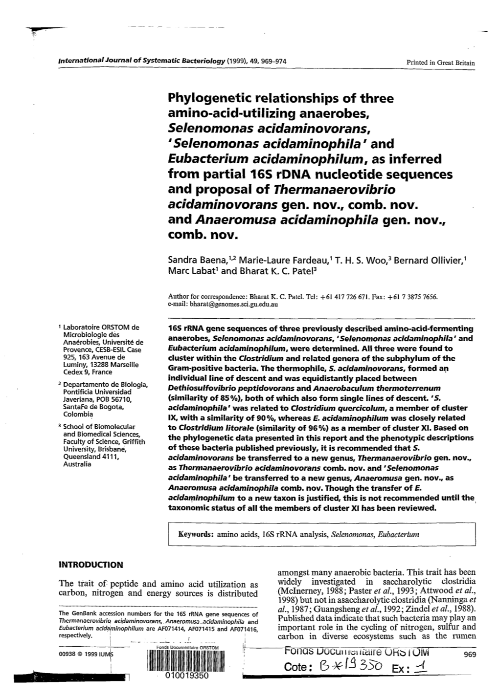 Thermanaerovibrio Acidaminovorans Gen