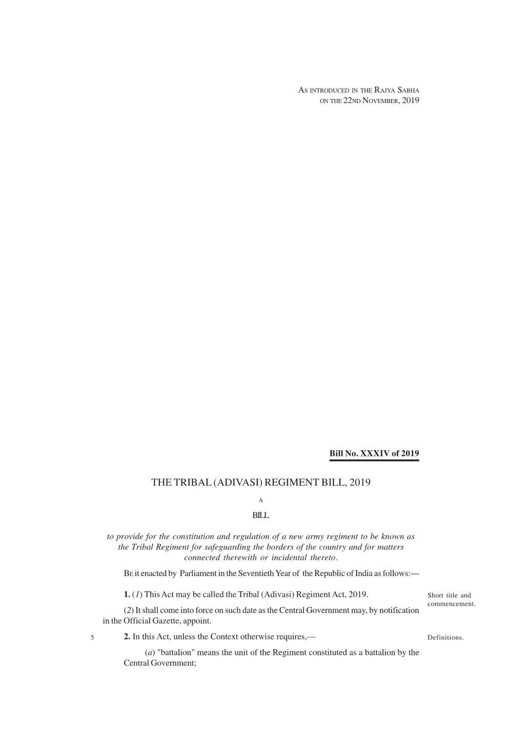 The Tribal (Adivasi) Regiment Bill, 2019