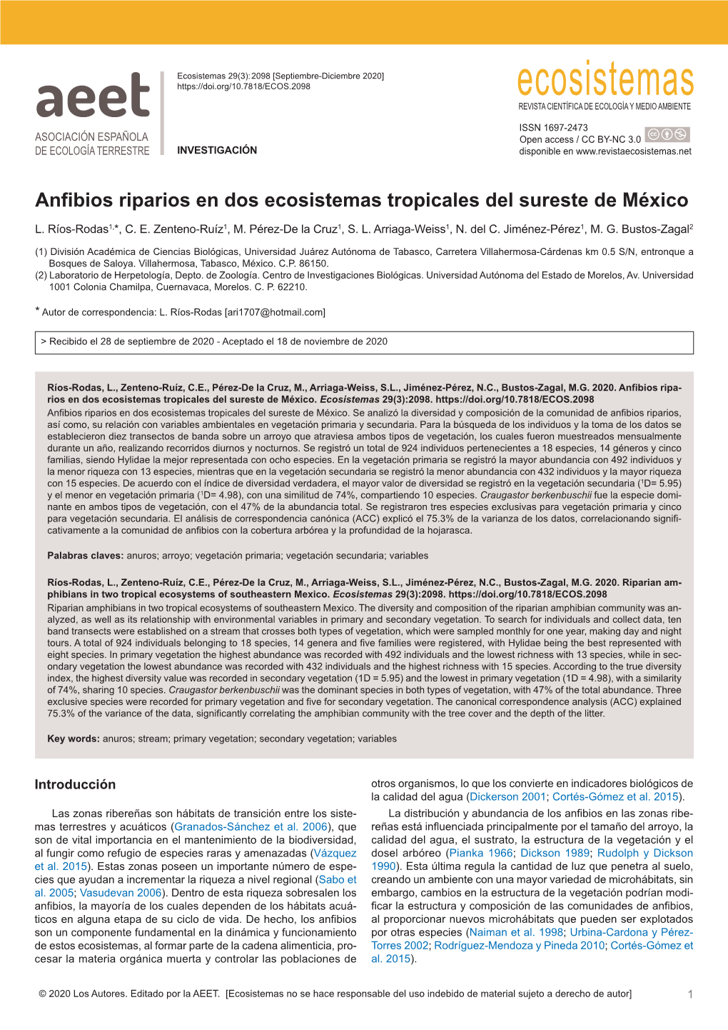 Anfibios Riparios En Dos Ecosistemas Tropicales Del Sureste De México L