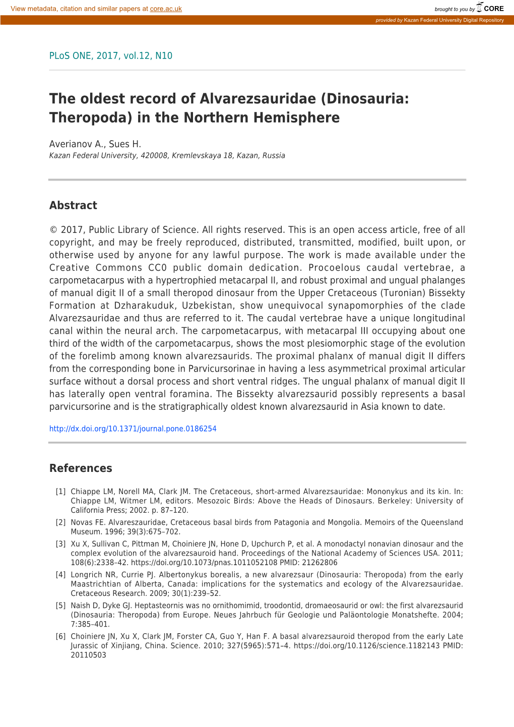 The Oldest Record of Alvarezsauridae (Dinosauria: Theropoda) in the Northern Hemisphere