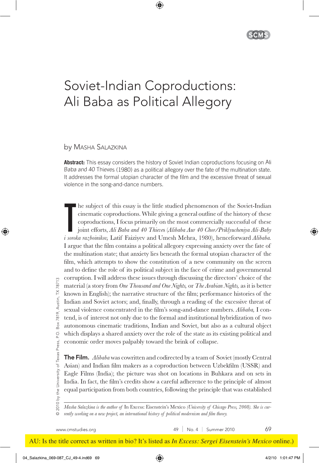 Soviet-Indian Coproductions: Ali Baba As Political Allegory