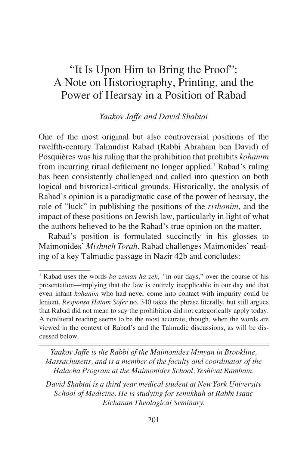 A Note on Historiography, Printing, and the Power of Hearsay in a Position of Rabad
