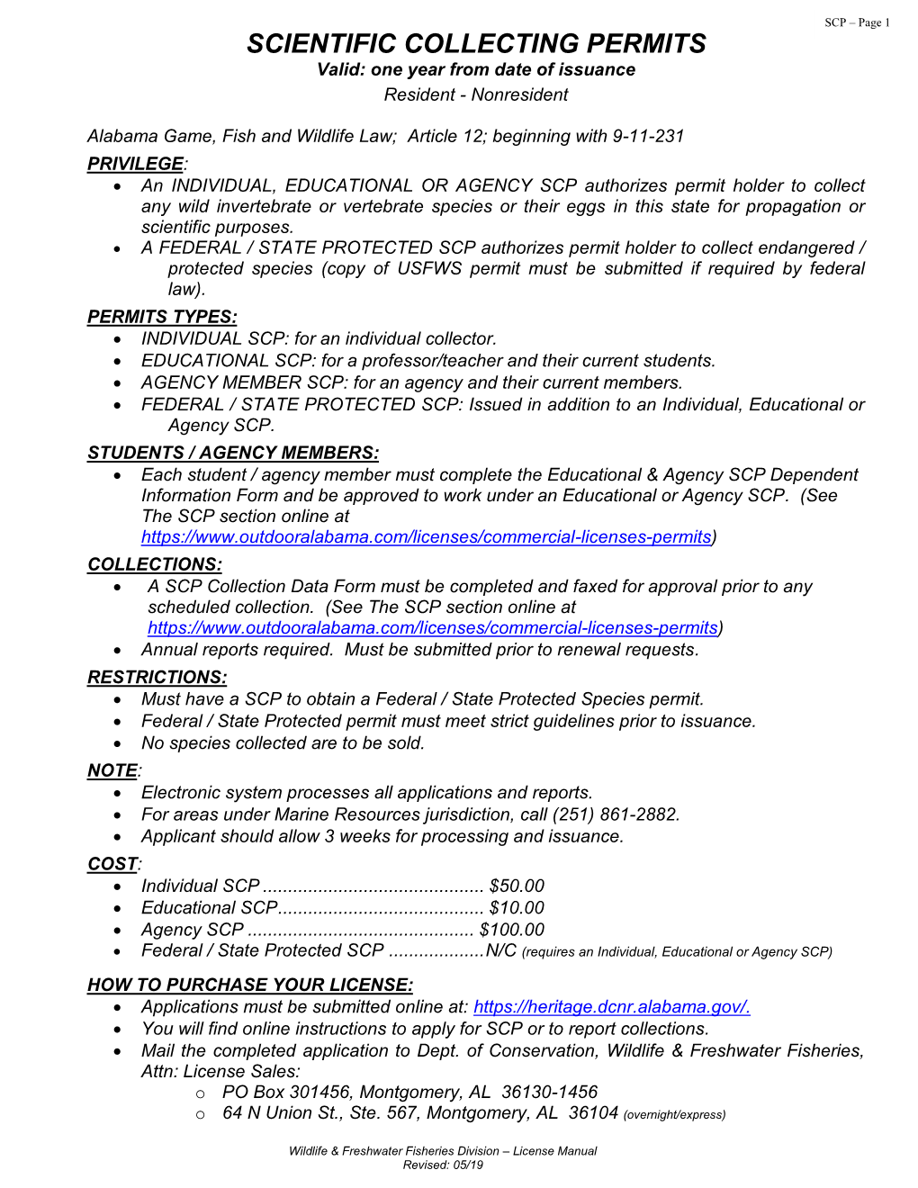 SCIENTIFIC COLLECTING PERMITS Valid: One Year from Date of Issuance Resident - Nonresident