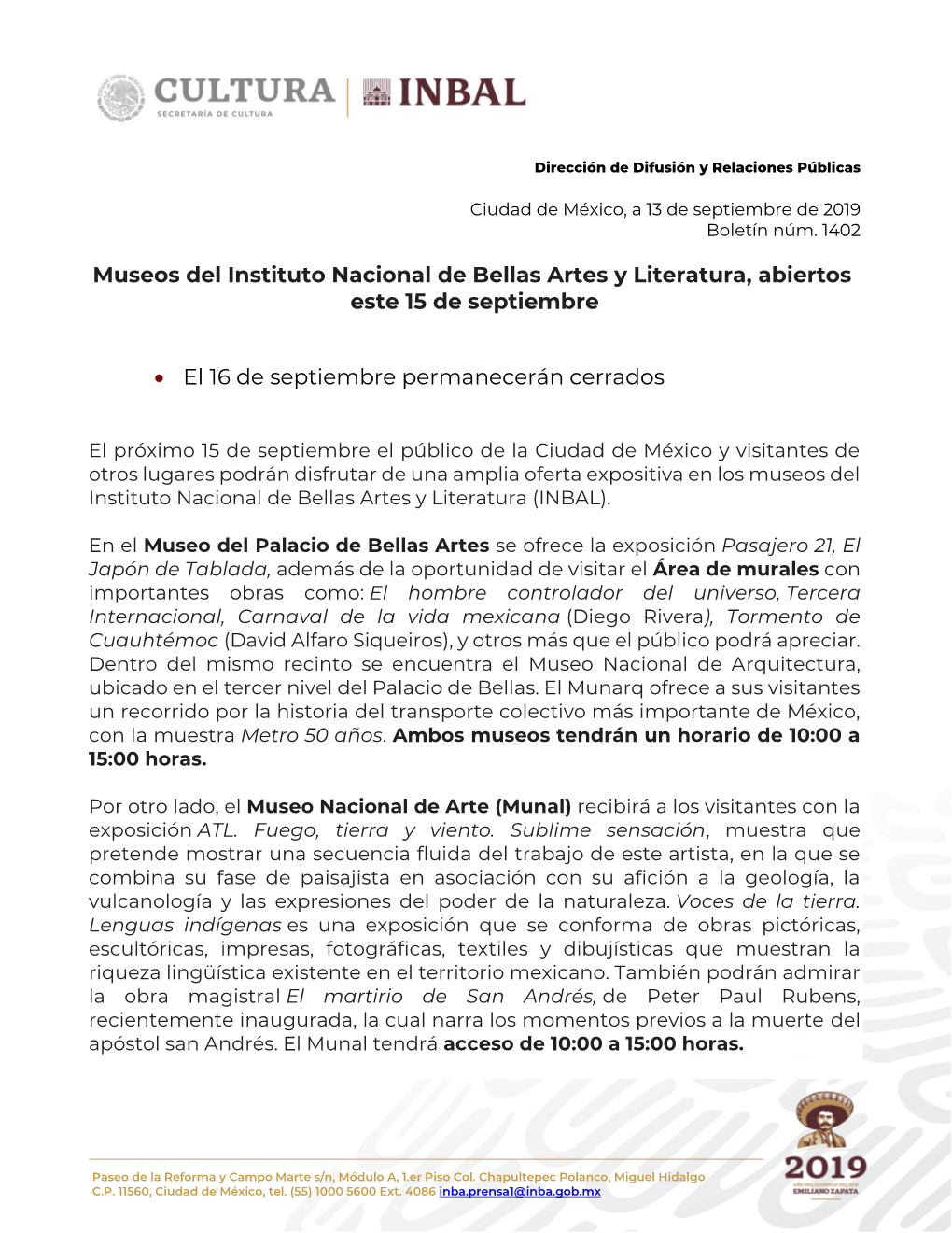 Museos Del Instituto Nacional De Bellas Artes Y Literatura, Abiertos Este 15 De Septiembre