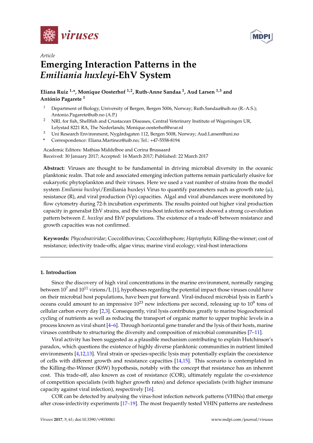 Emerging Interaction Patterns in the Emiliania Huxleyi-Ehv System