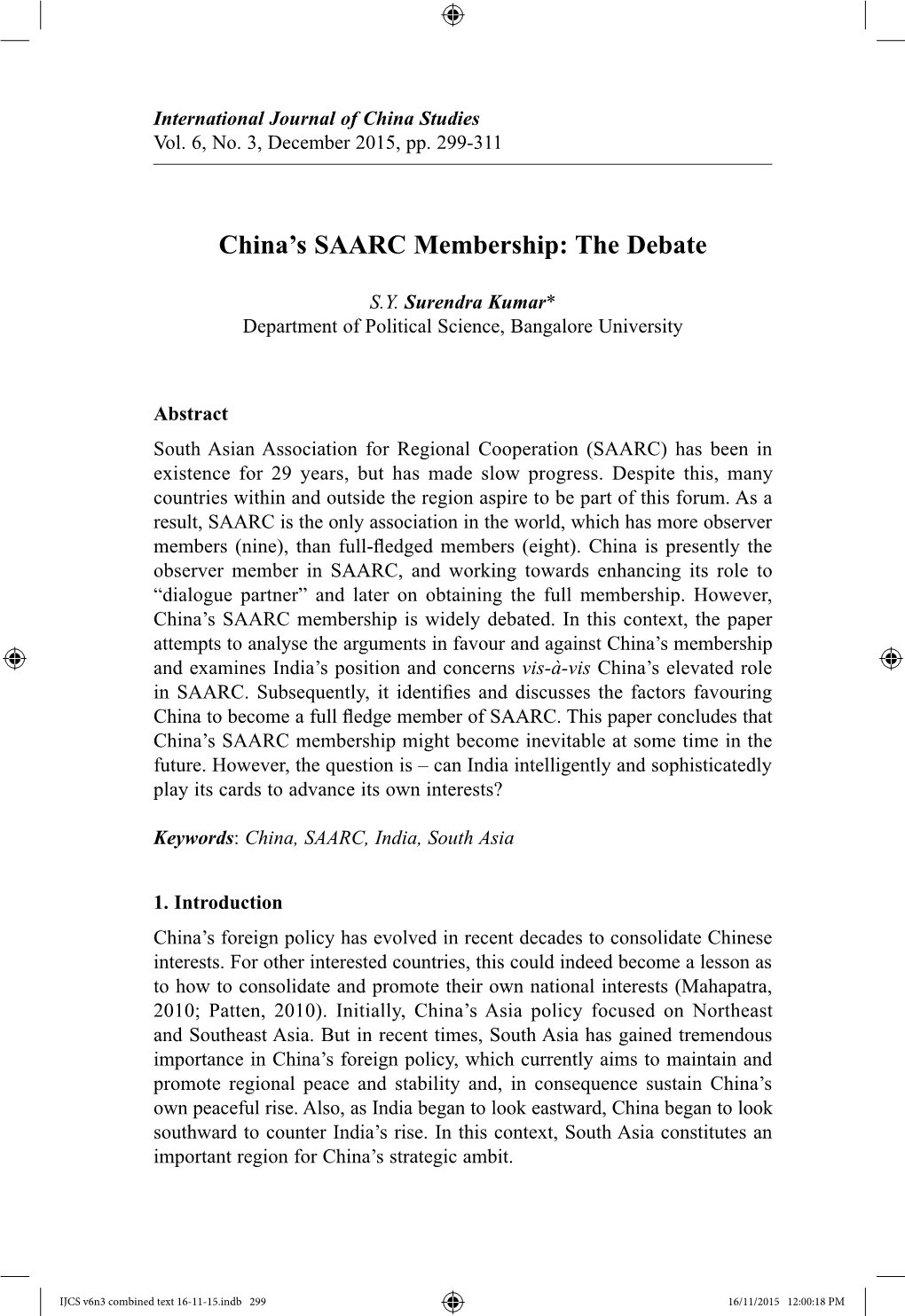China's SAARC Membership: the Debate