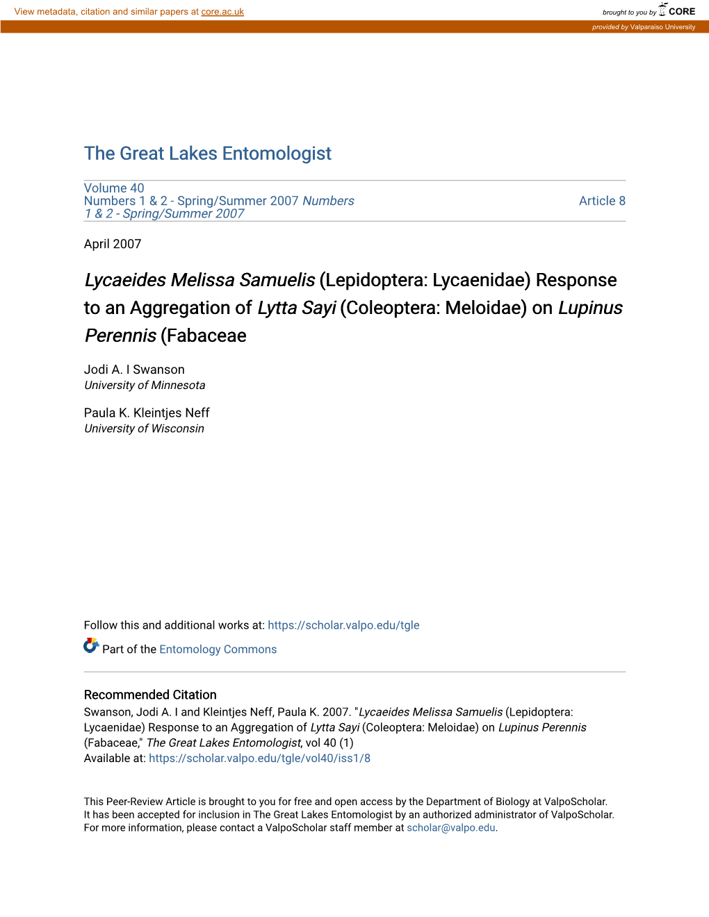 Response to an Aggregation of Lytta Sayi (Coleoptera: Meloidae) on Lupinus Perennis (Fabaceae