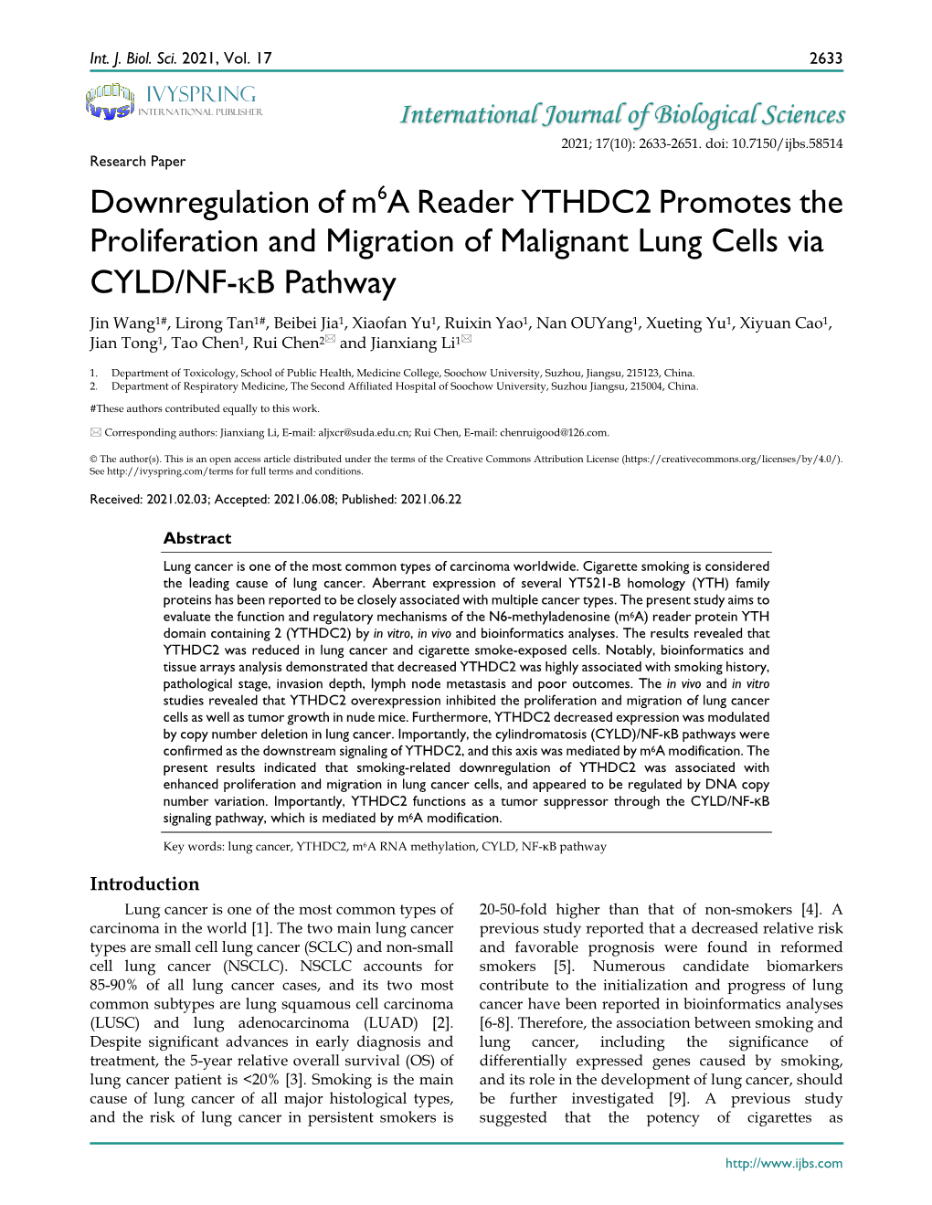 Downregulation of M6a Reader YTHDC2 Promotes the Proliferation