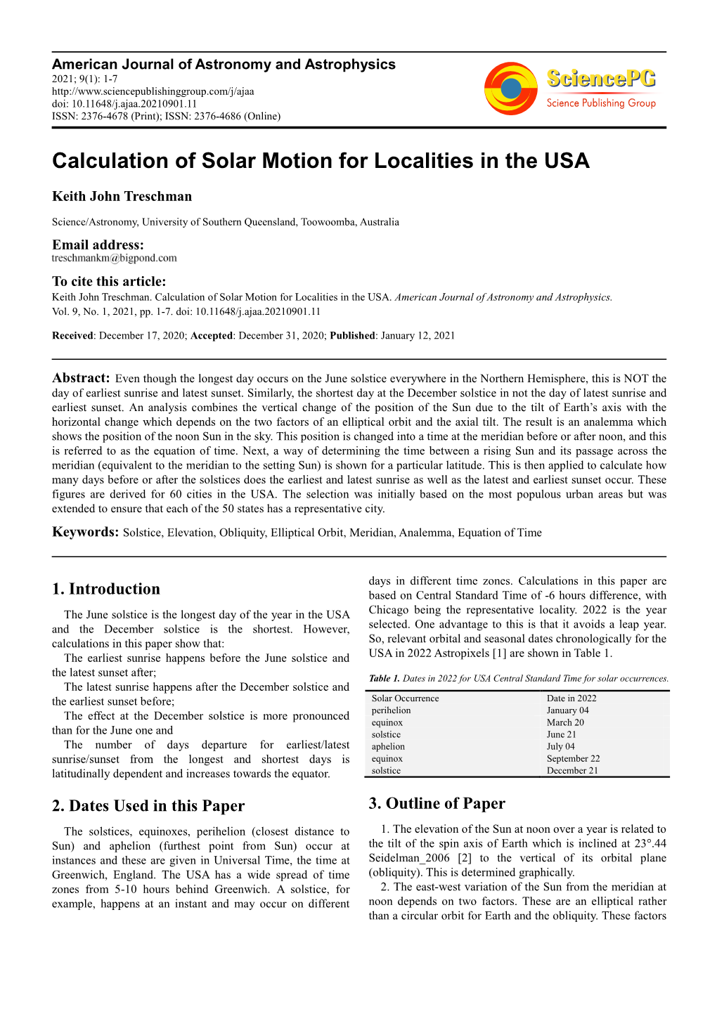 Calculation of Solar Motion for Localities in the USA