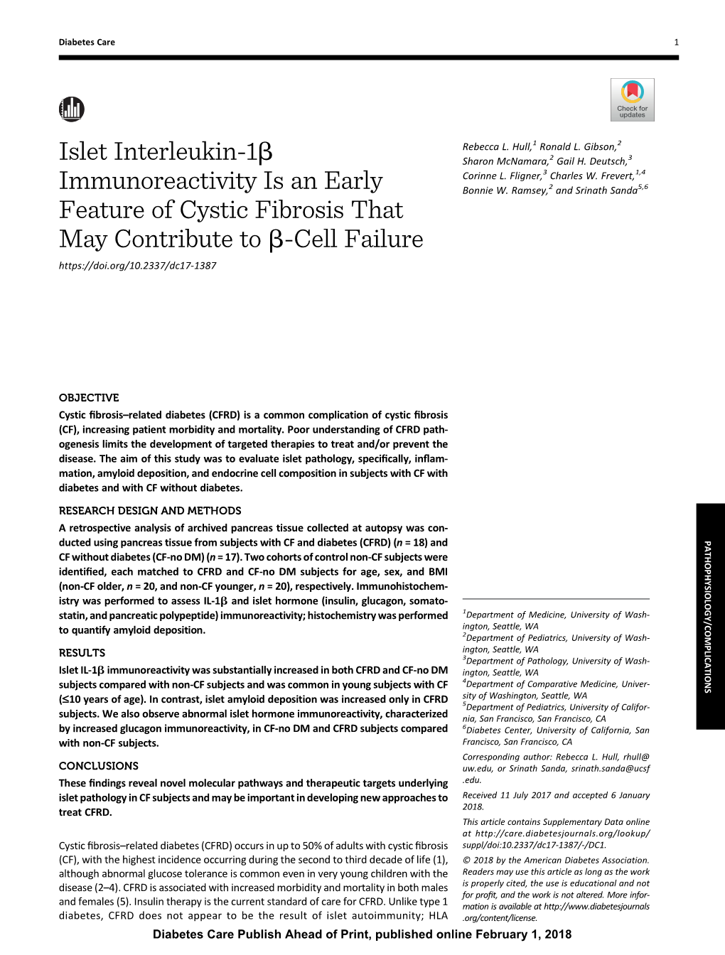 Islet Interleukin-1Β Immunoreactivity Is an Early Feature of Cystic Fibrosis That May Contribute to Β-Cell Failure