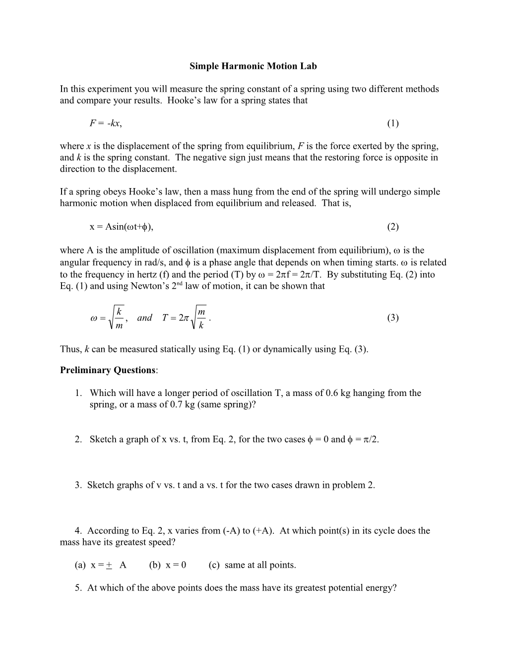 Simple Harmonic Motion Lab