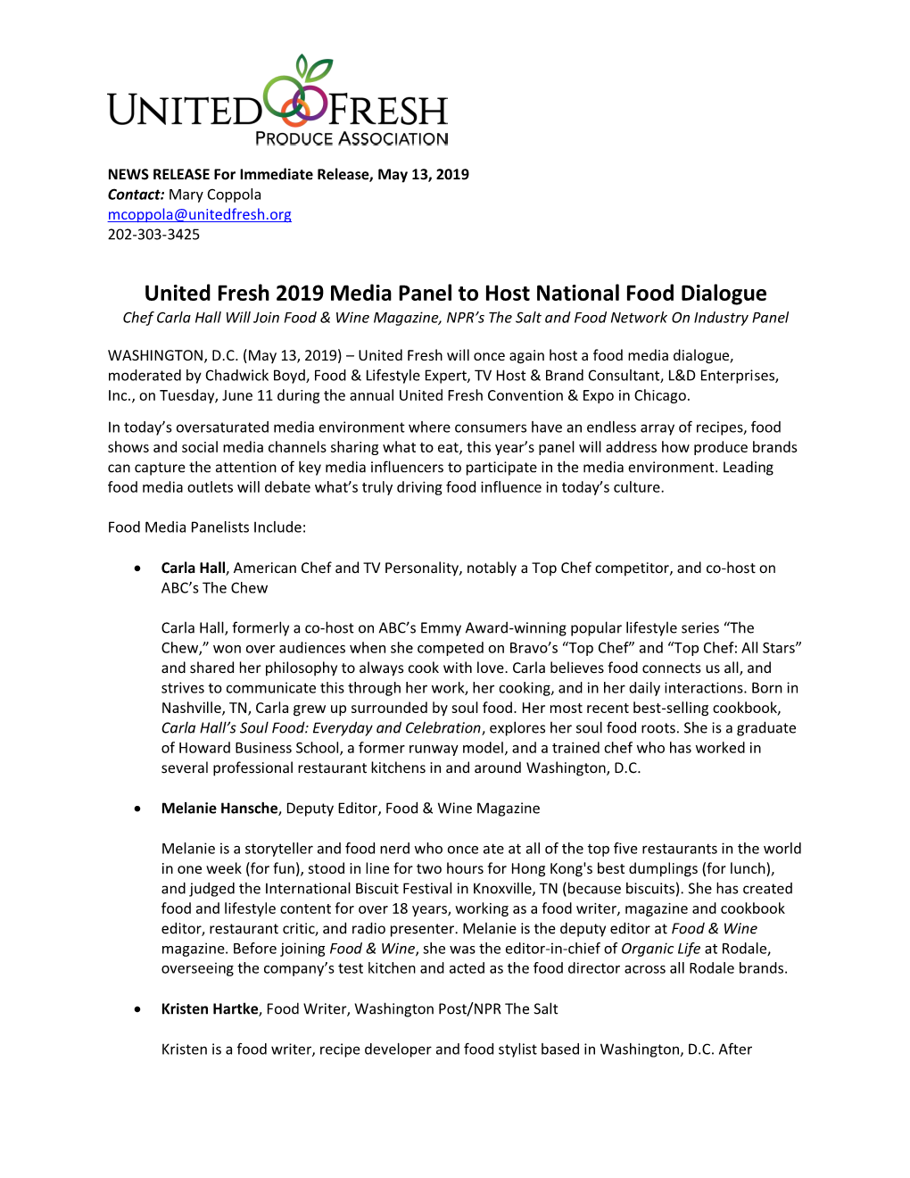 United Fresh 2019 Media Panel to Host National Food Dialogue Chef Carla Hall Will Join Food & Wine Magazine, NPR’S the Salt and Food Network on Industry Panel