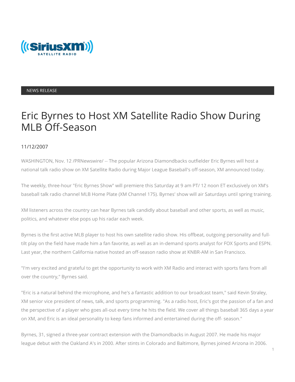 Eric Byrnes to Host XM Satellite Radio Show During MLB Off-Season