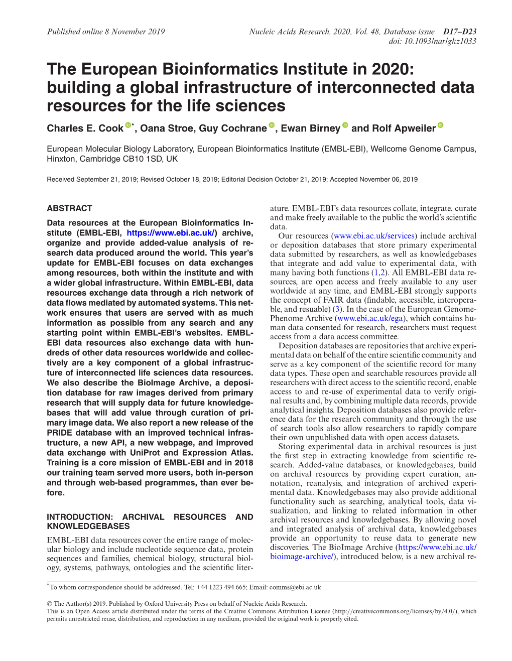 The European Bioinformatics Institute in 2020: Building a Global Infrastructure of Interconnected Data Resources for the Life Sciences Charles E