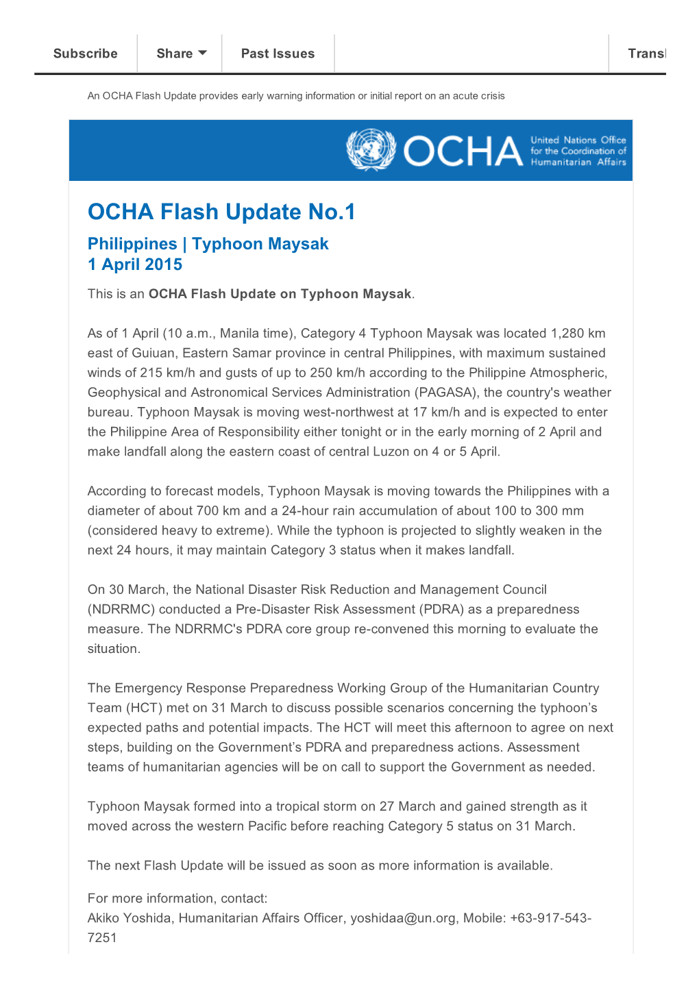OCHA Philippines Flash Update No 1 on Typhoon Maysak (1 April 2015)