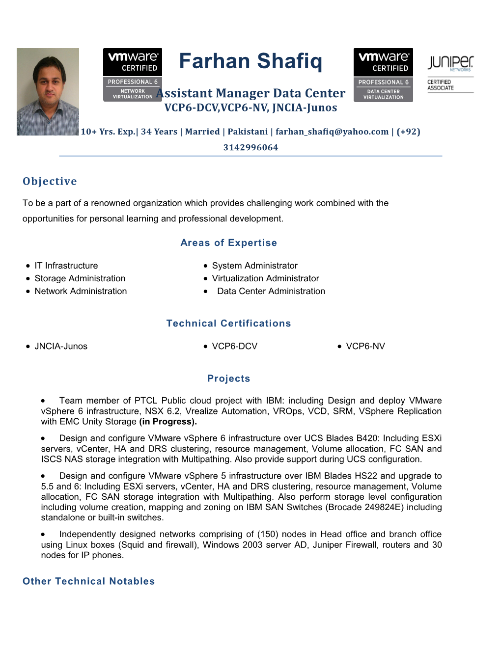 Assistant Manager Data Center VCP6-DCV,VCP6-NV, JNCIA-Junos