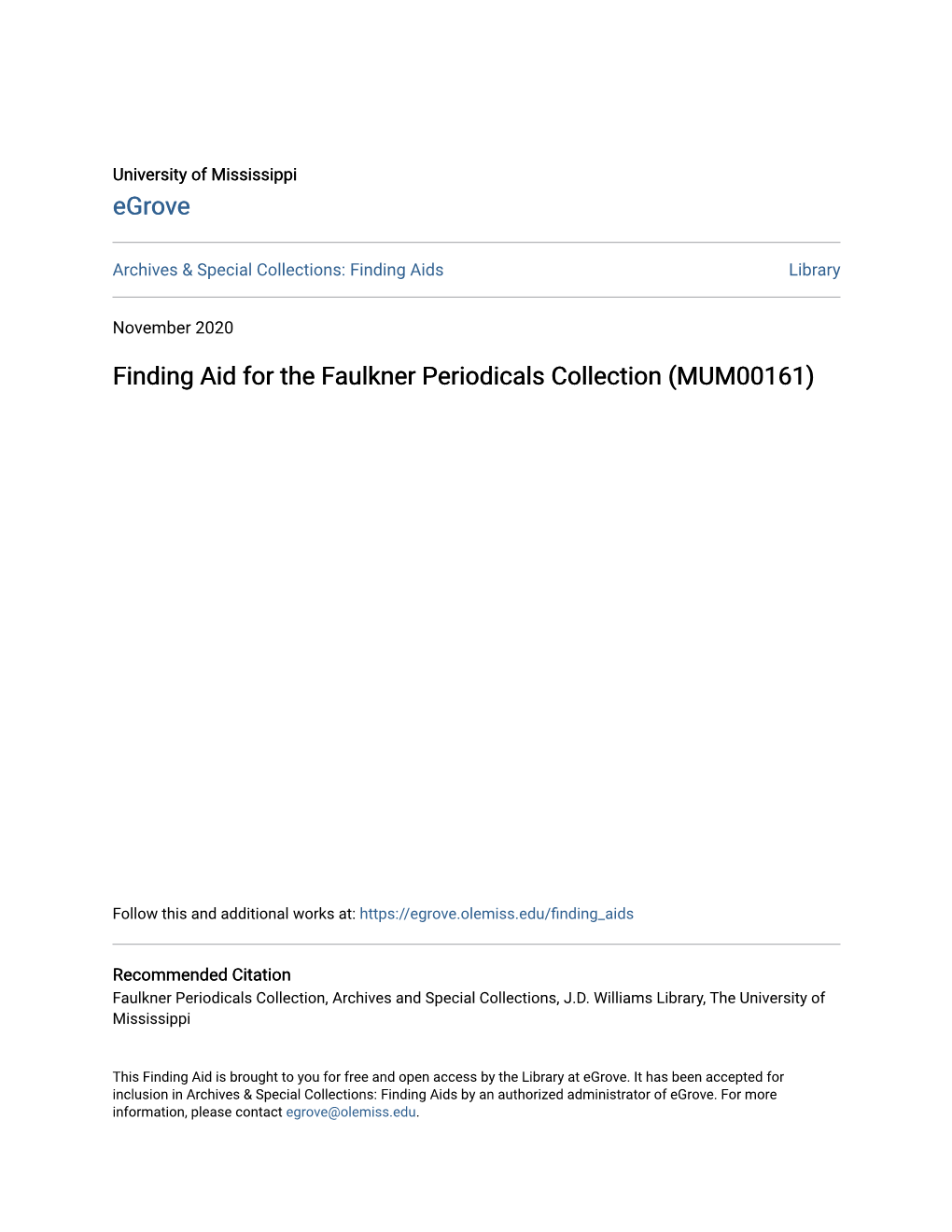 Finding Aid for the Faulkner Periodicals Collection (MUM00161)