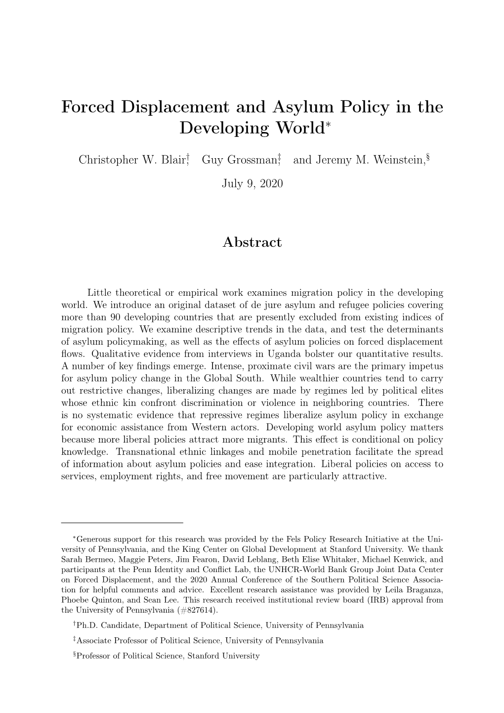 Forced Displacement and Asylum Policy in the Developing World∗