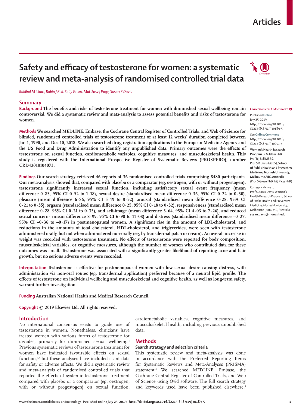 Safety and Efficacy of Testosterone for Women: a Systematic Review and Meta-Analysis of Randomised Controlled Trial Data