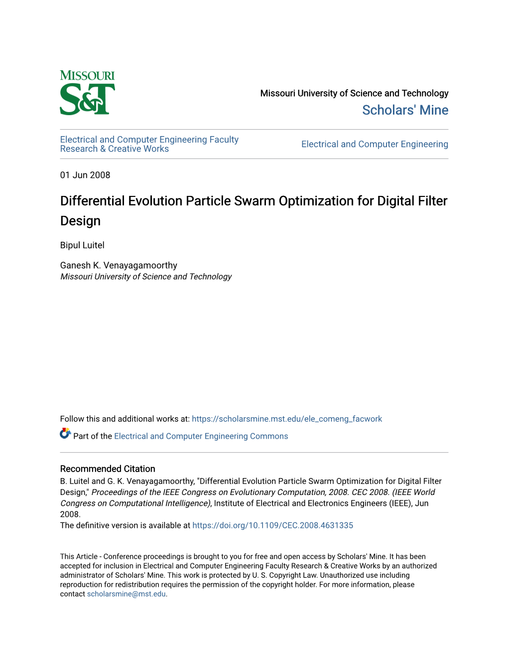 Differential Evolution Particle Swarm Optimization for Digital Filter Design