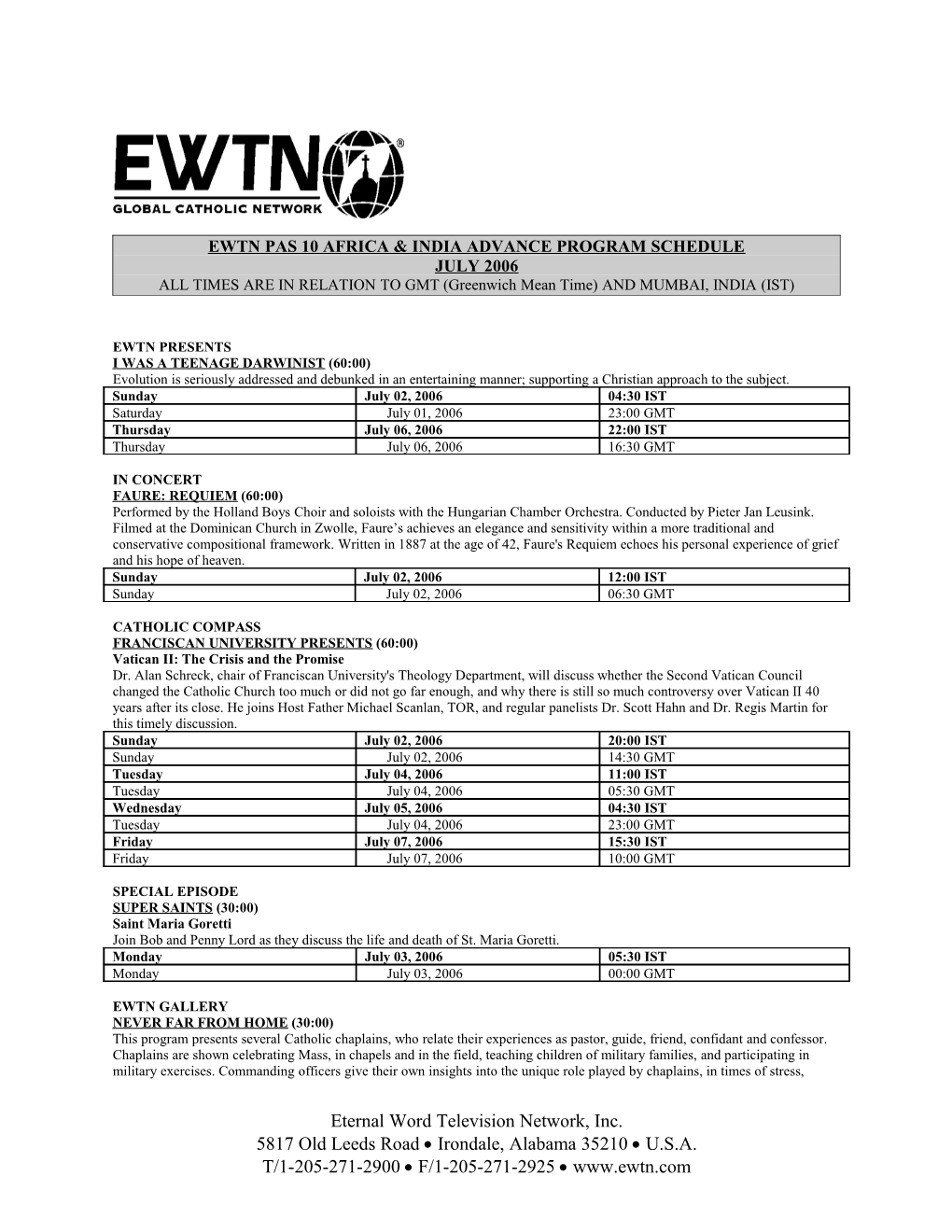 Ewtn Pas 10 Africa & India Advance Program Schedule