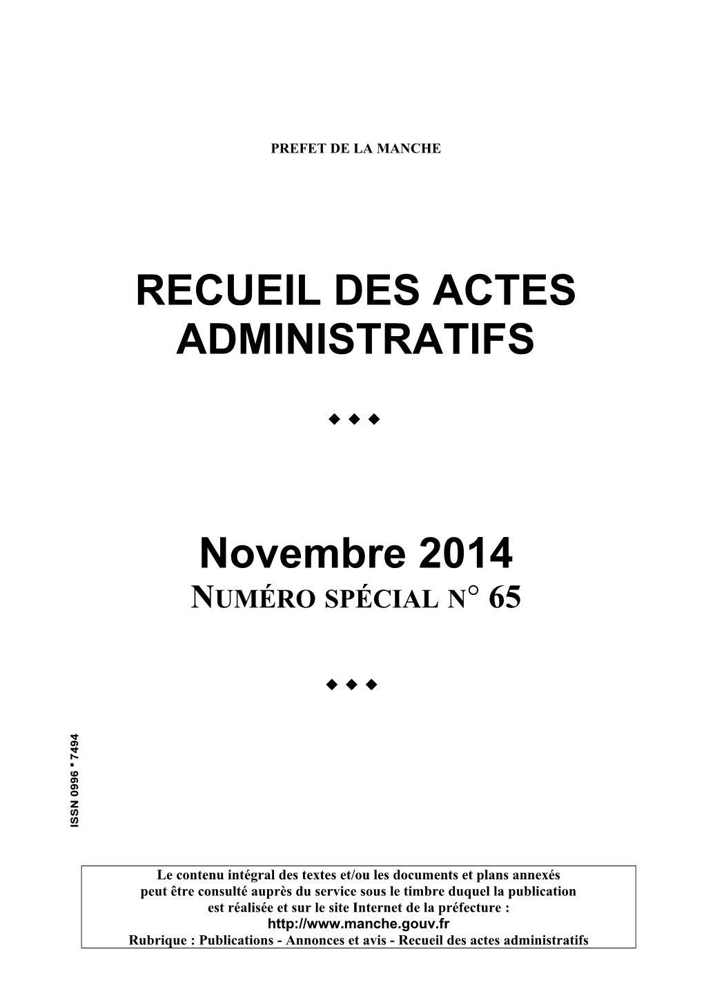 RECUEIL DES ACTES ADMINISTRATIFS Novembre 2014
