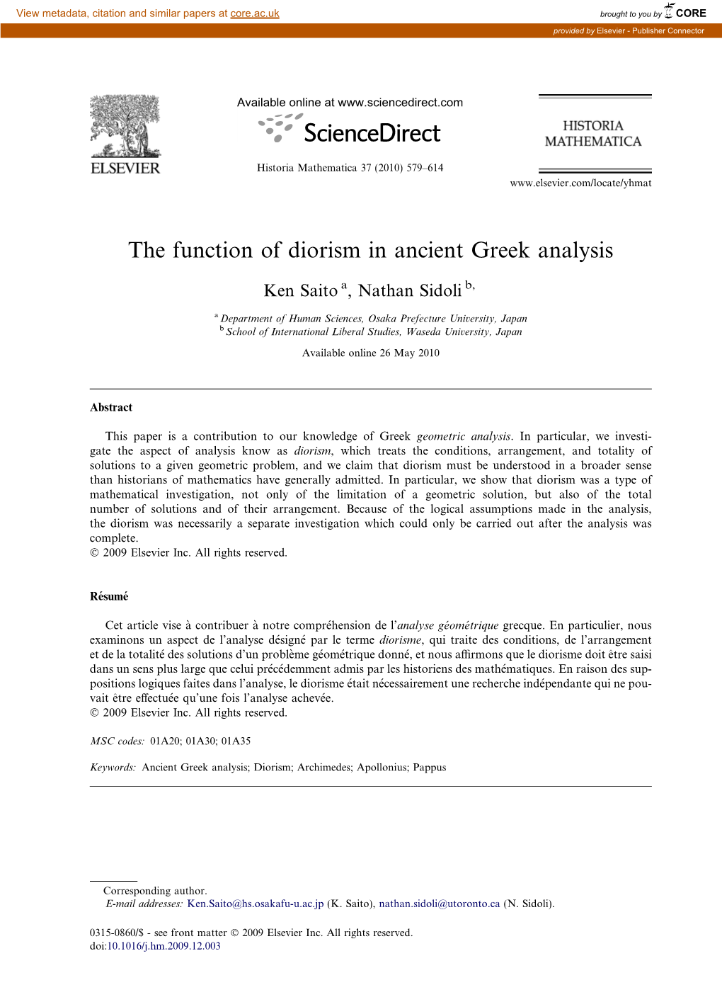 The Function of Diorism in Ancient Greek Analysis