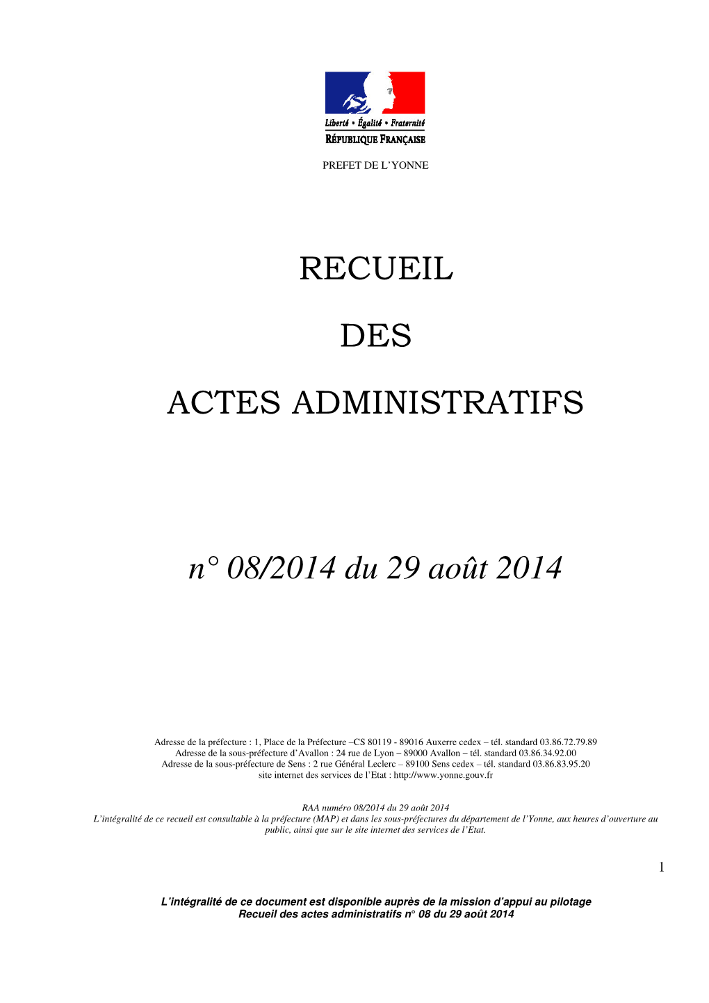 RECUEIL DES ACTES ADMINISTRATIFS N° 08/2014 Du