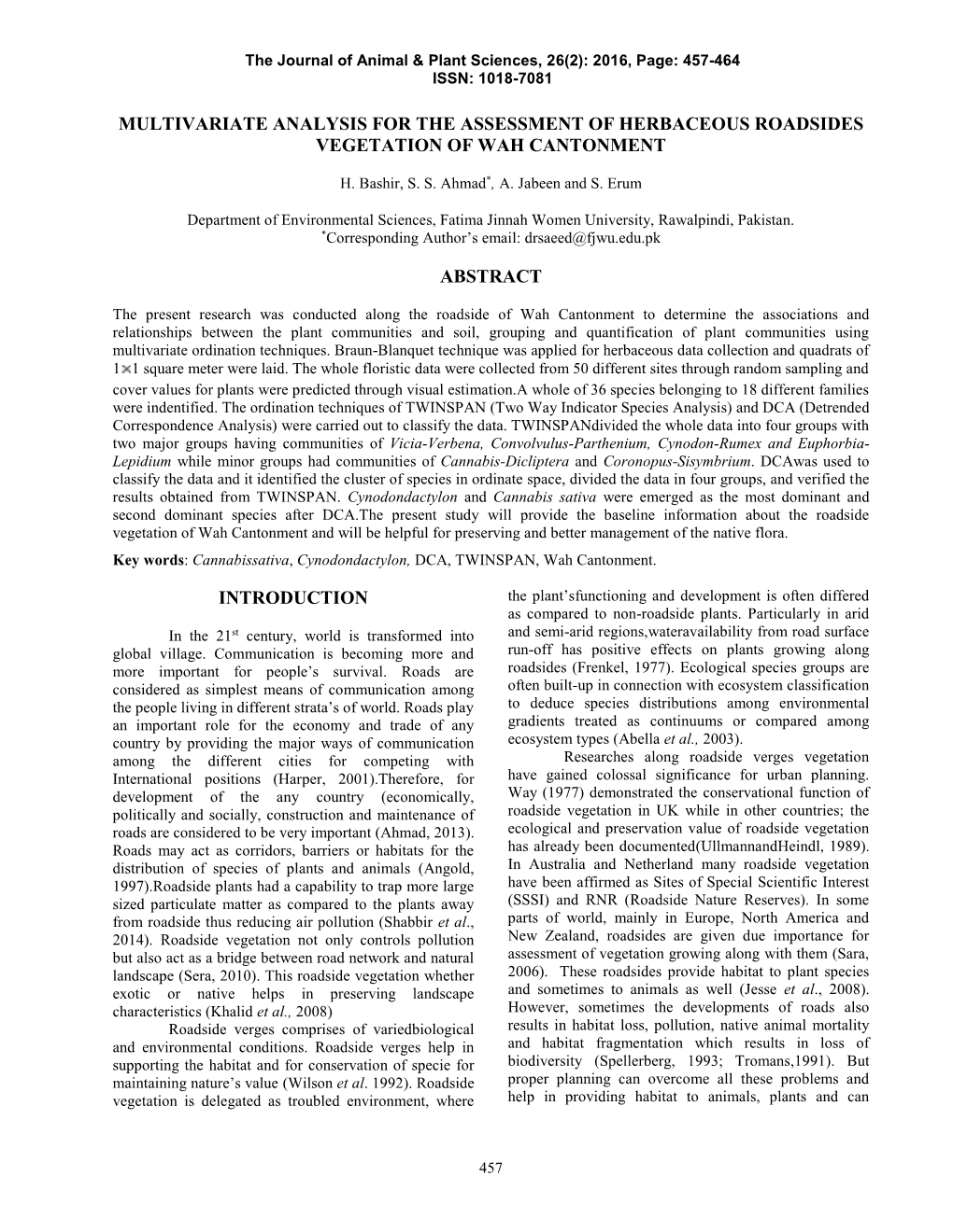 Multivariate Analysis for the Assessment of Herbaceous Roadsides Vegetation of Wah Cantonment