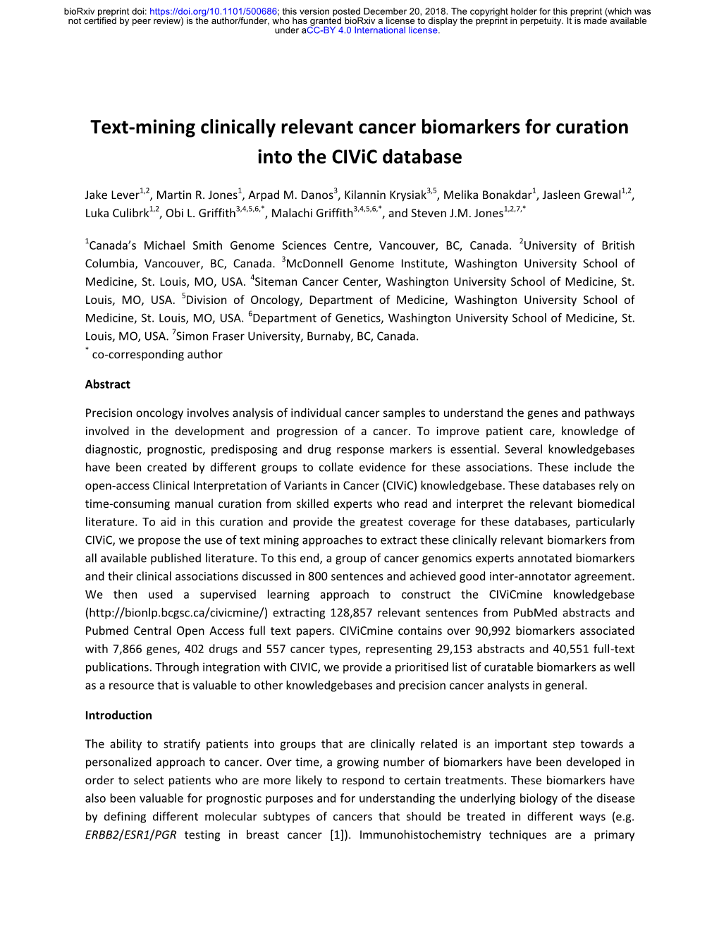 Text-Mining Clinically Relevant Cancer Biomarkers for Curation Into the Civic Database