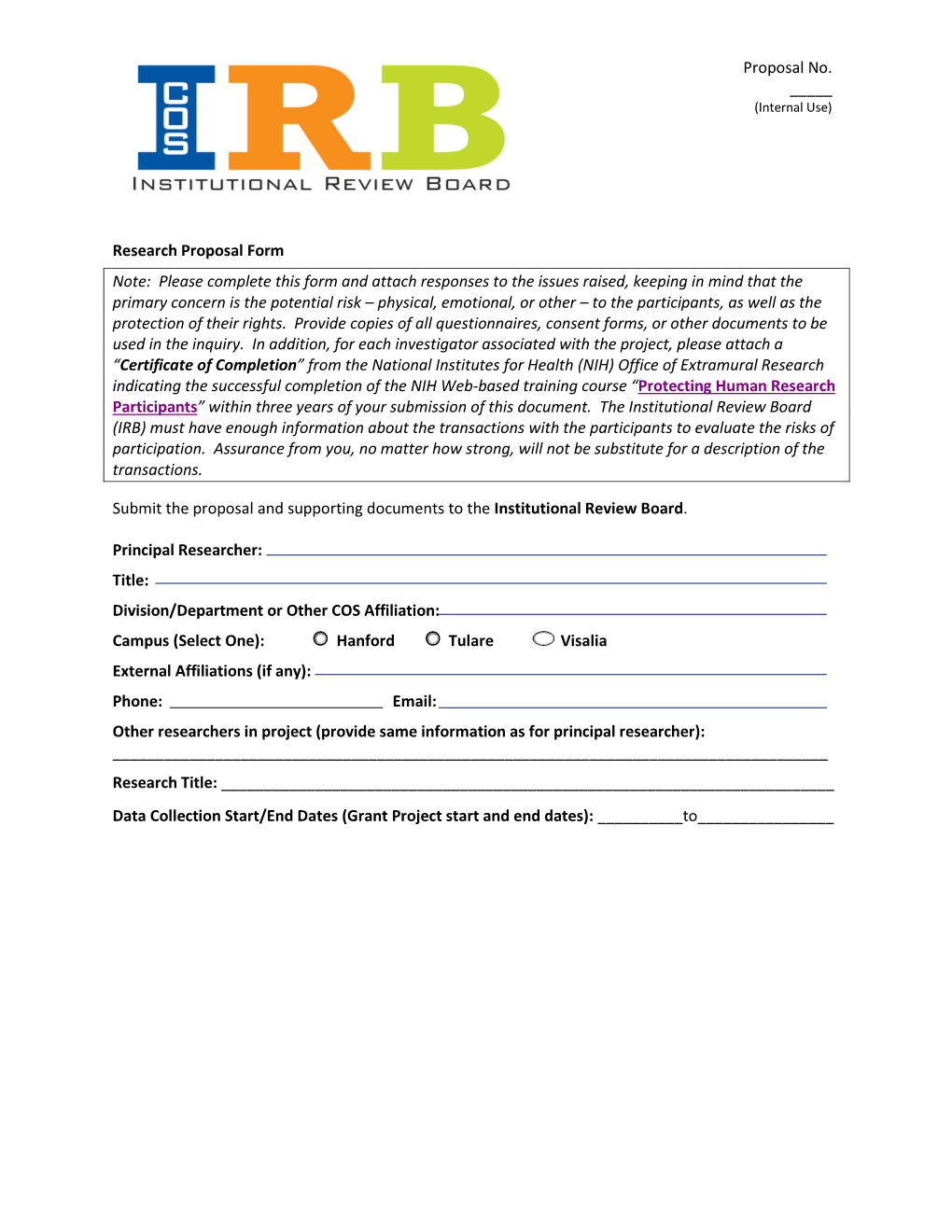 IRB Reseach Proposal Form