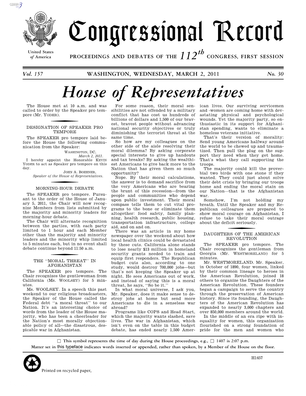 Congressional Record United States Th of America PROCEEDINGS and DEBATES of the 112 CONGRESS, FIRST SESSION