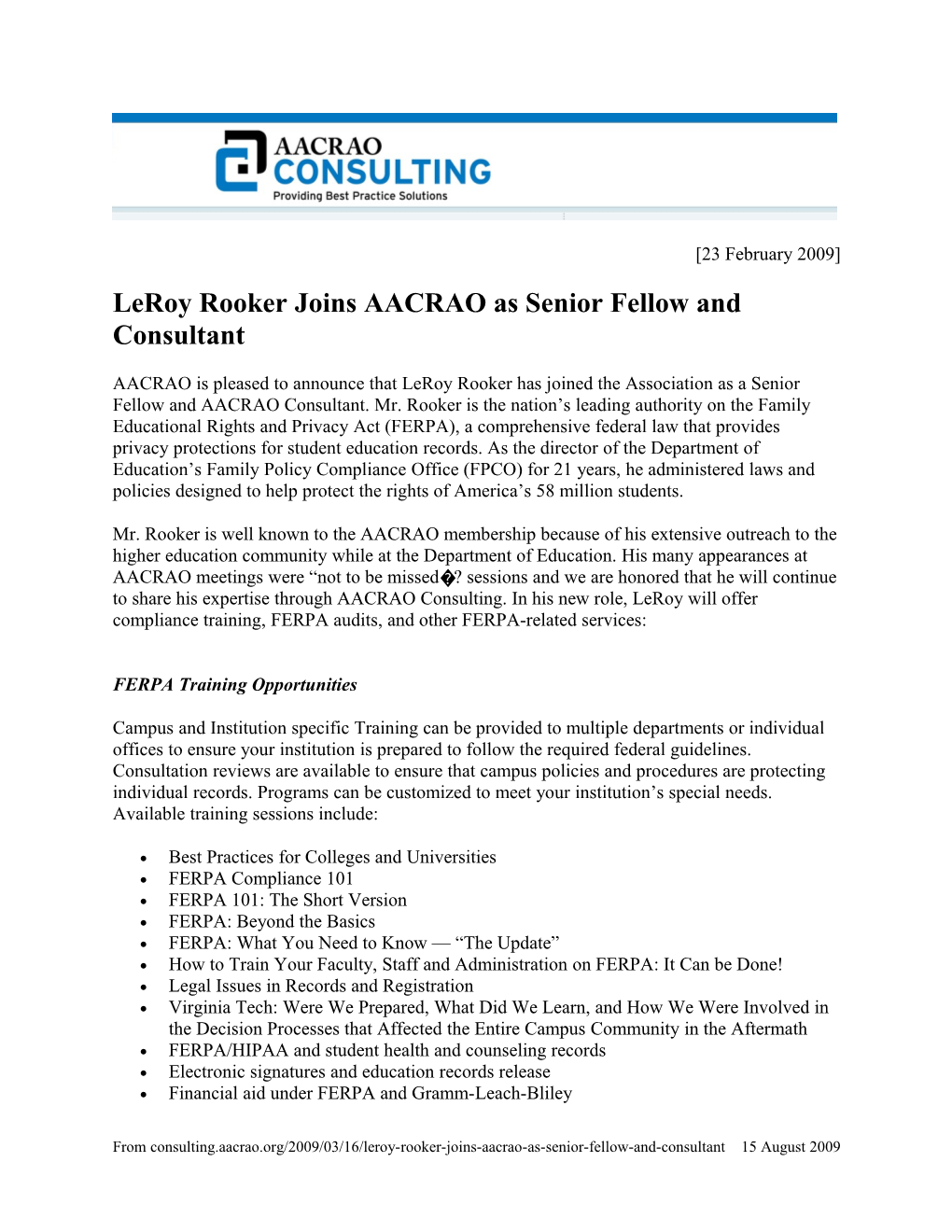Leroy Rooker Joins AACRAO As Senior Fellow and Consultant