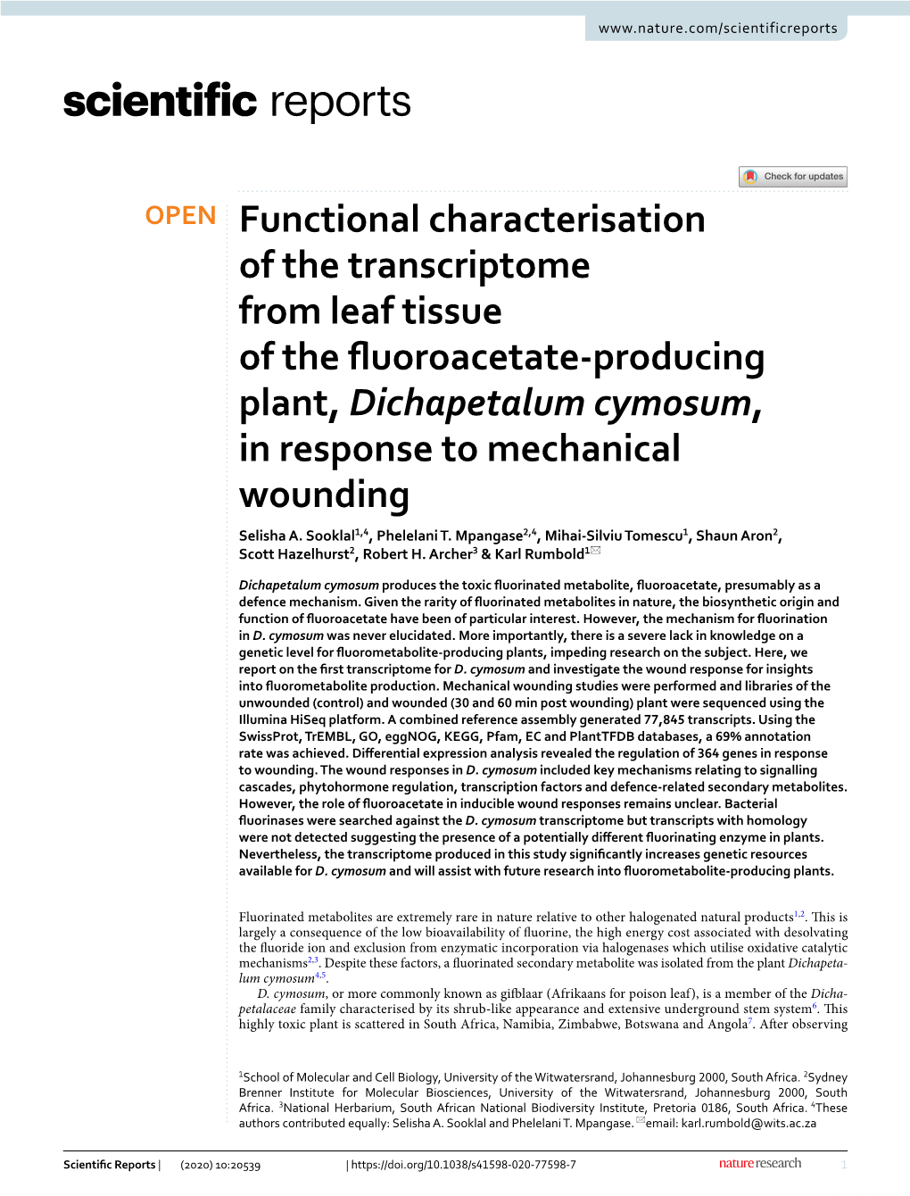 Functional Characterisation of the Transcriptome from Leaf Tissue of The