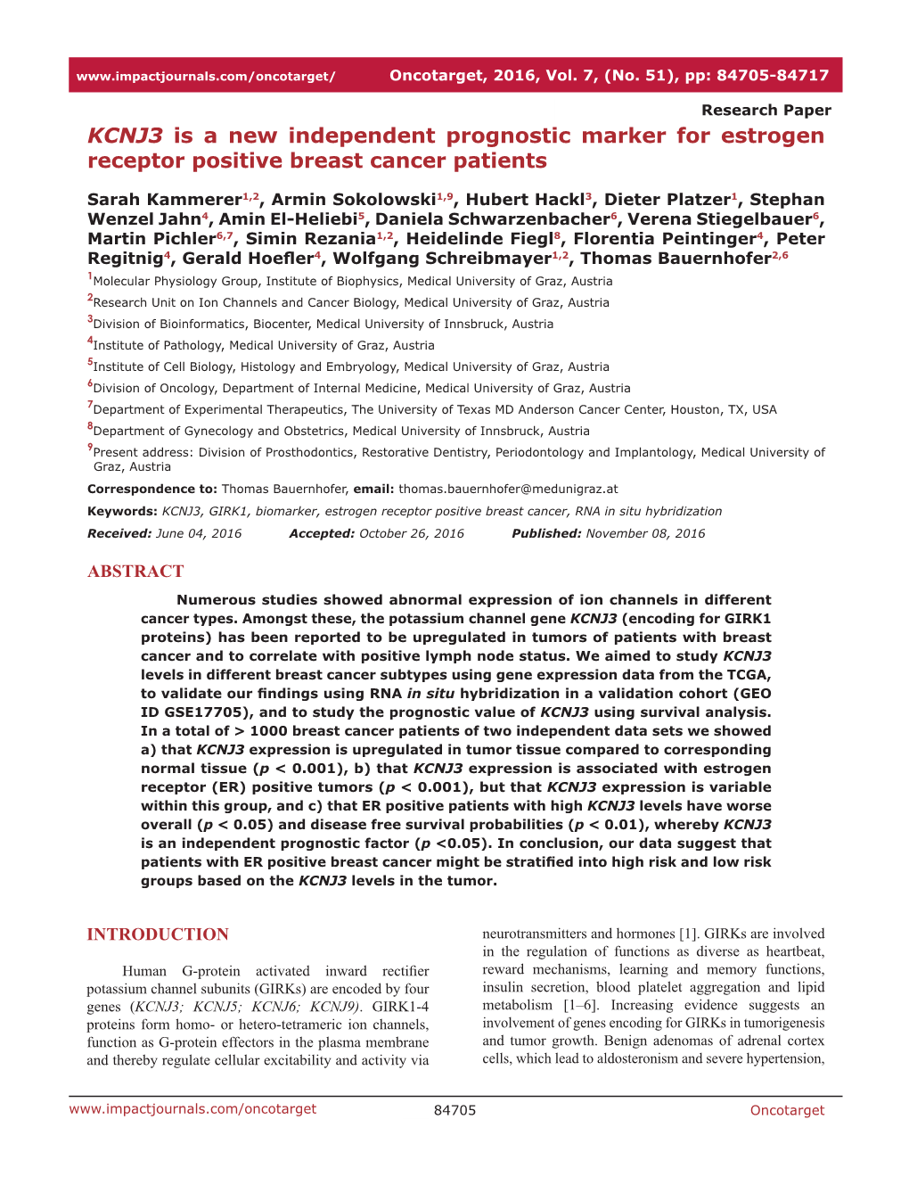 KCNJ3 Is a New Independent Prognostic Marker for Estrogen Receptor Positive Breast Cancer Patients