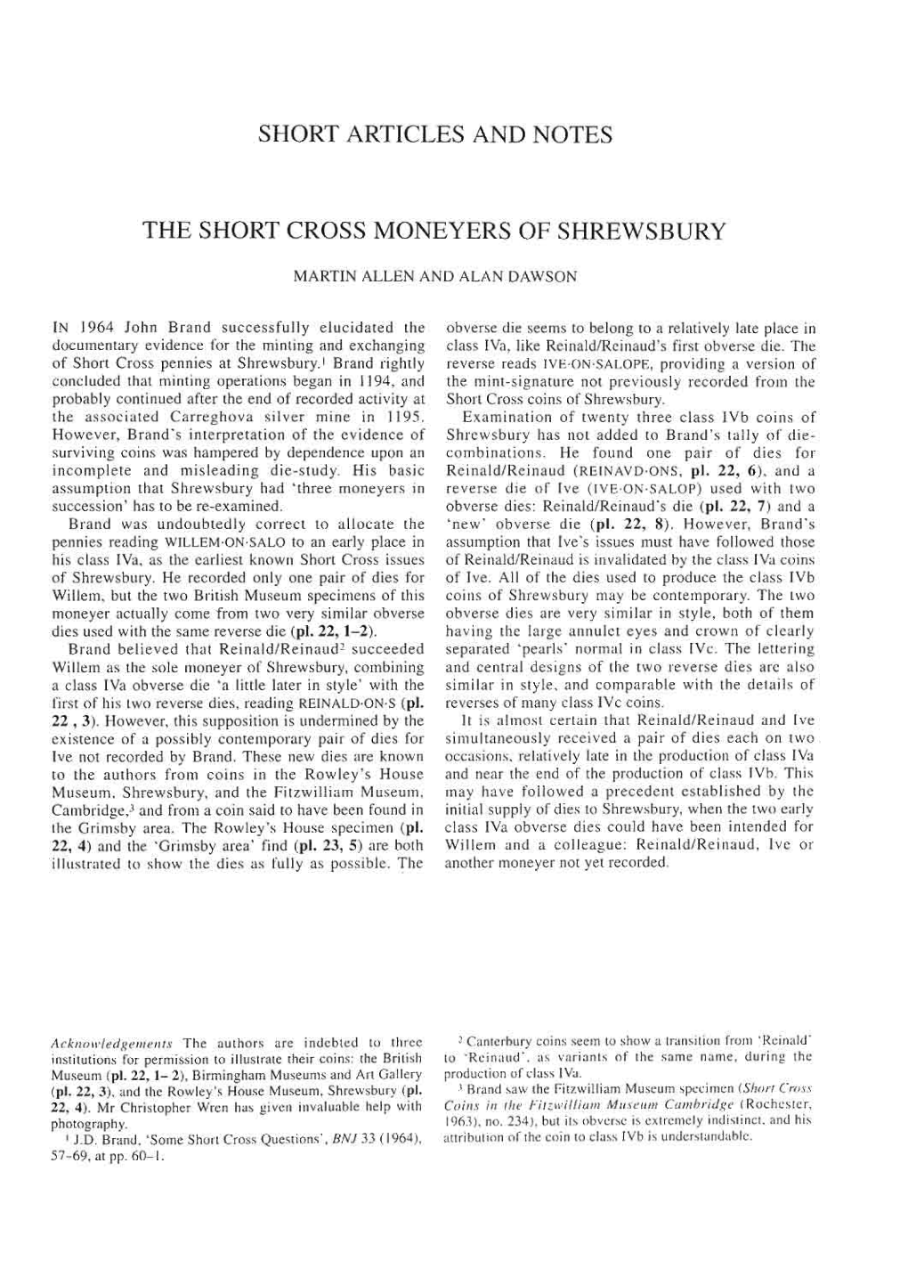 Short Articles and Notes the Short Cross Moneyers of Shrewsbury