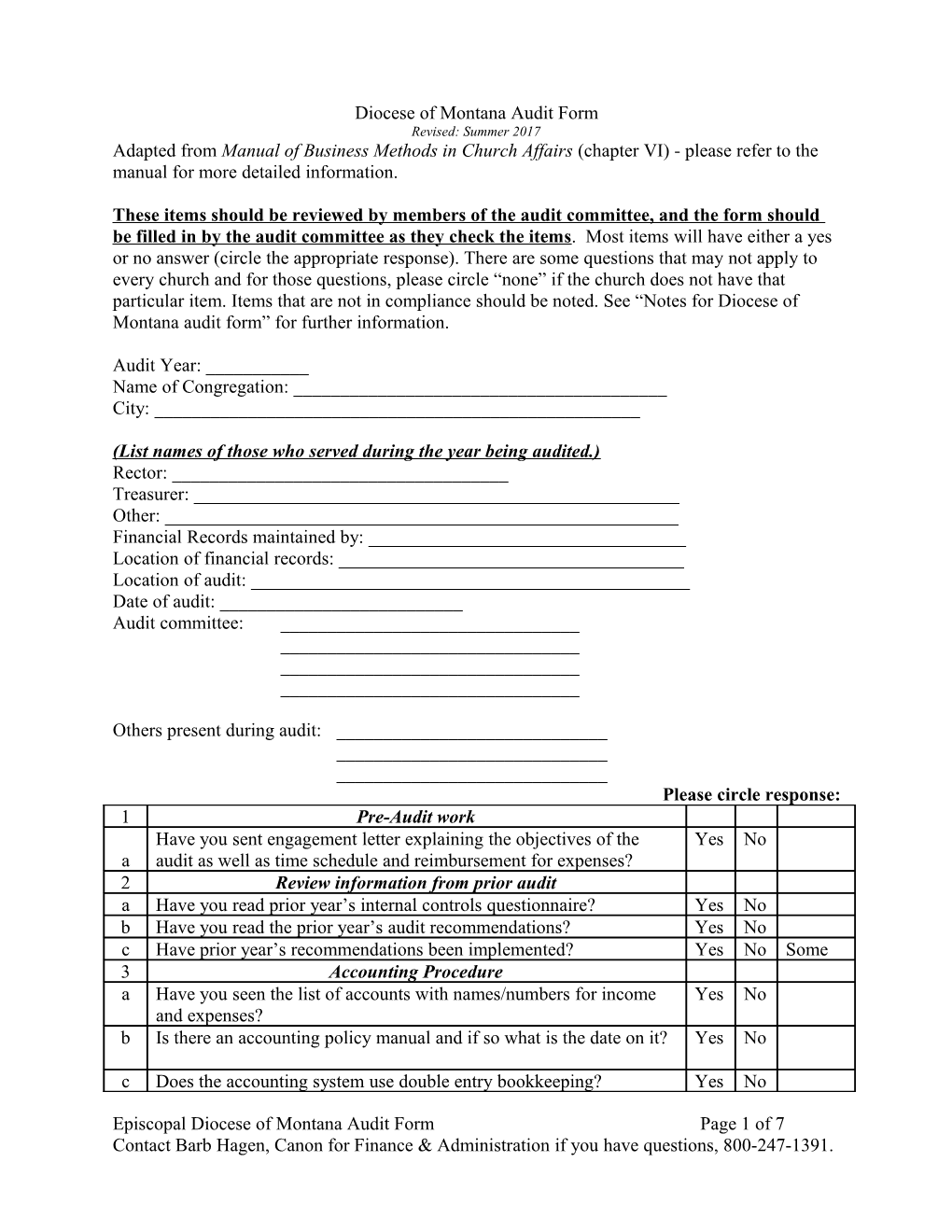 Diocese of Montana Audit Form