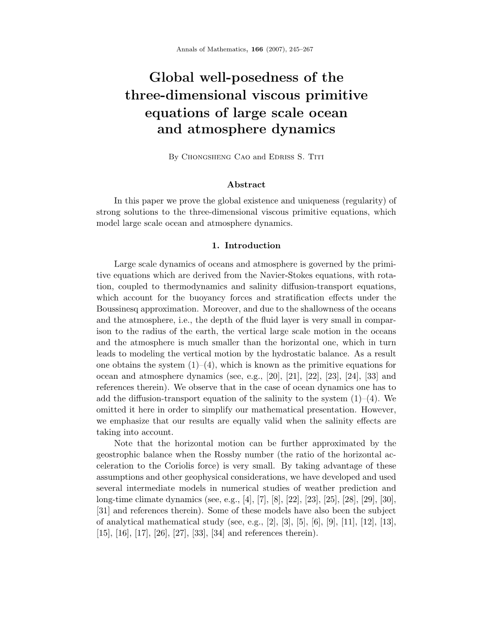 Global Well-Posedness of the Three-Dimensional Viscous Primitive Equations of Large Scale Ocean and Atmosphere Dynamics