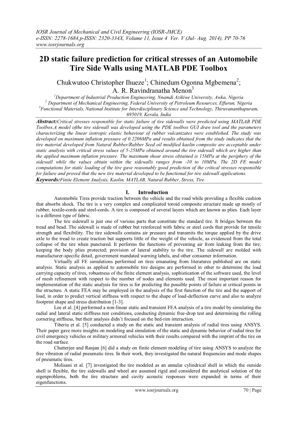 2D Static Failure Prediction for Critical Stresses of an Automobile Tire Side Walls Using MATLAB PDE Toolbox