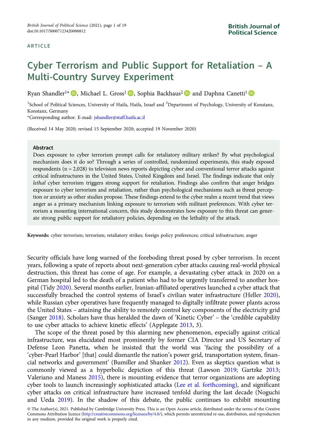 Cyber Terrorism and Public Support for Retaliation – a Multi-Country Survey Experiment