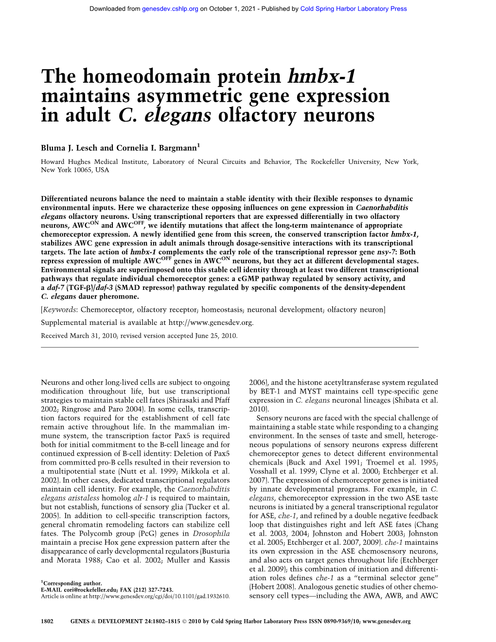 The Homeodomain Protein Hmbx-1 Maintains Asymmetric Gene Expression in Adult C