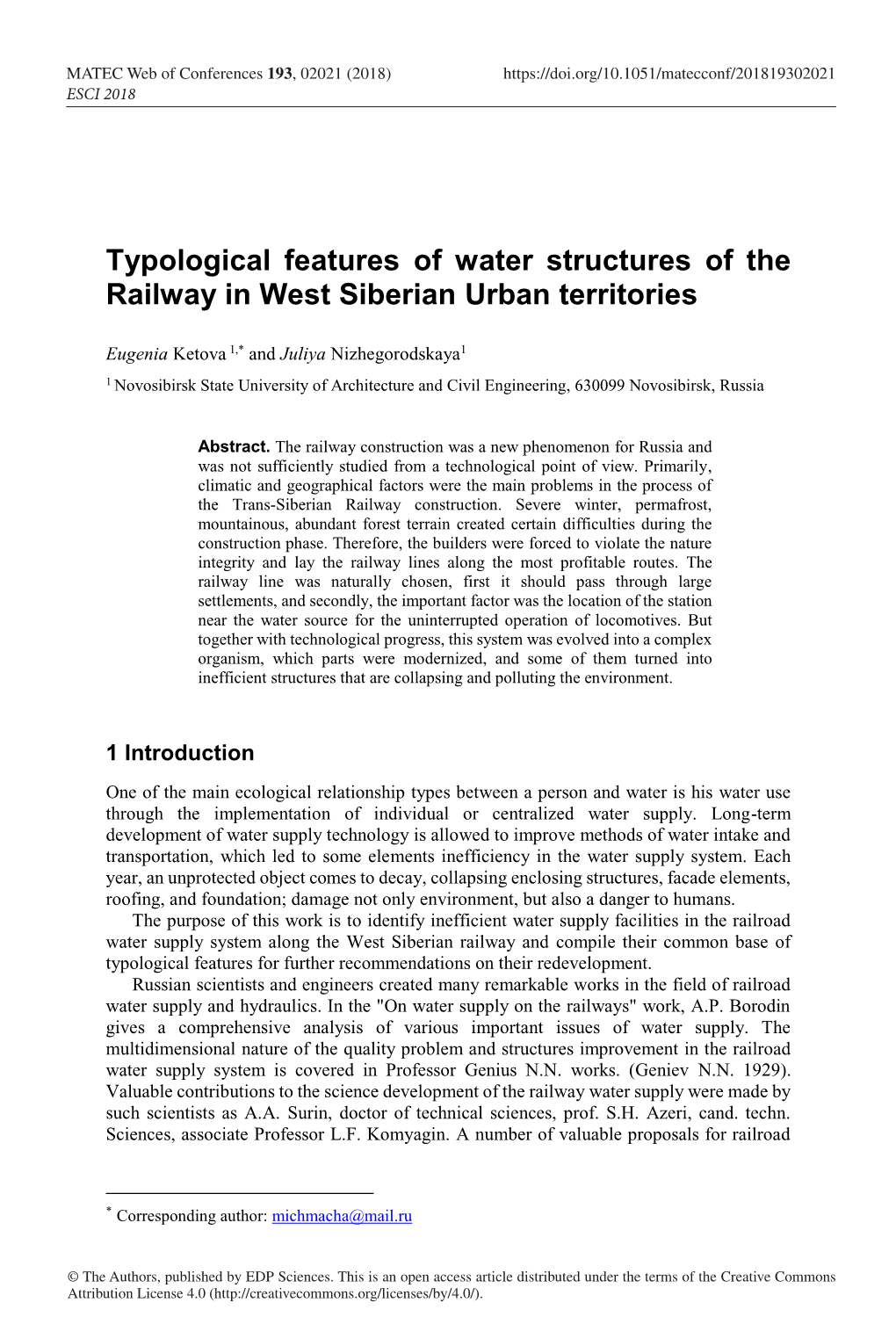 Typological Features of Water Structures of the Railway in West Siberian Urban Territories