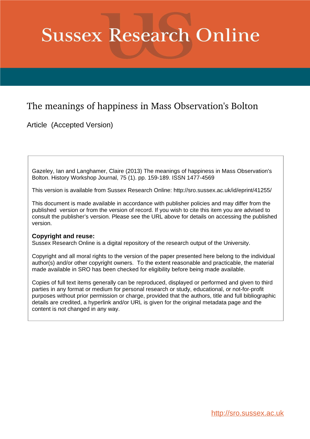 The Meanings of Happiness in Mass Observation's Bolton