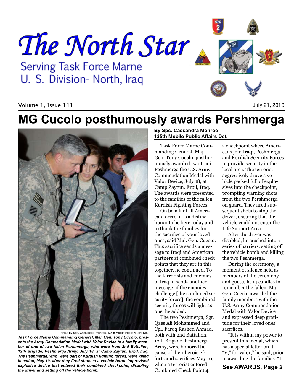 MG Cucolo Posthumously Awards Pershmerga by Spc