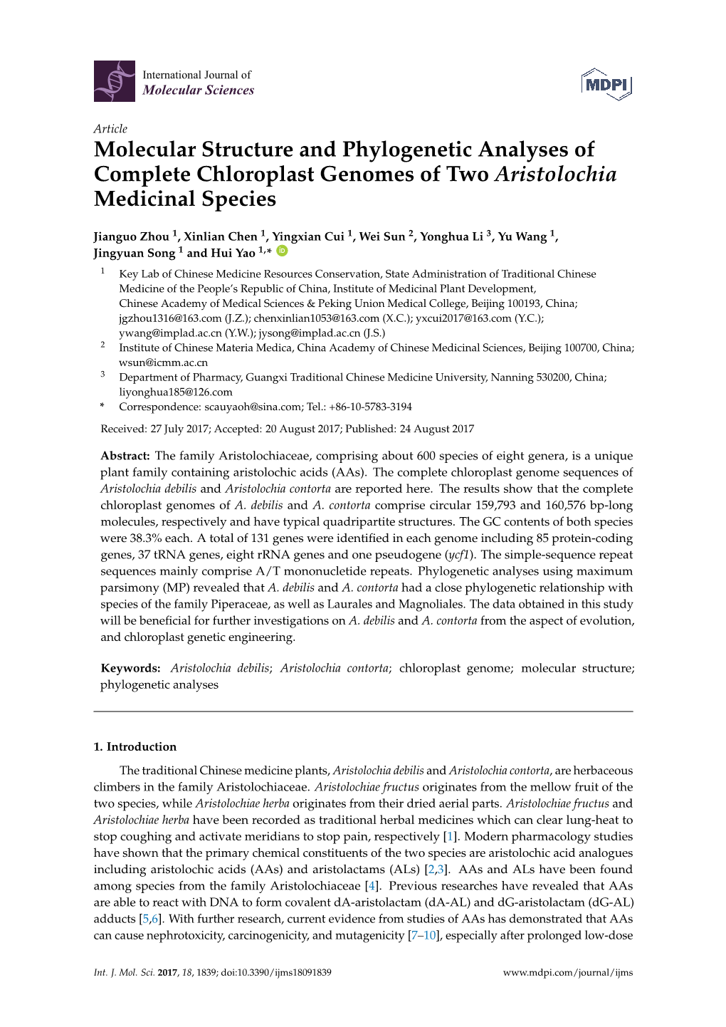 Molecular Structure and Phylogenetic Analyses of Complete Chloroplast Genomes of Two Aristolochia Medicinal Species