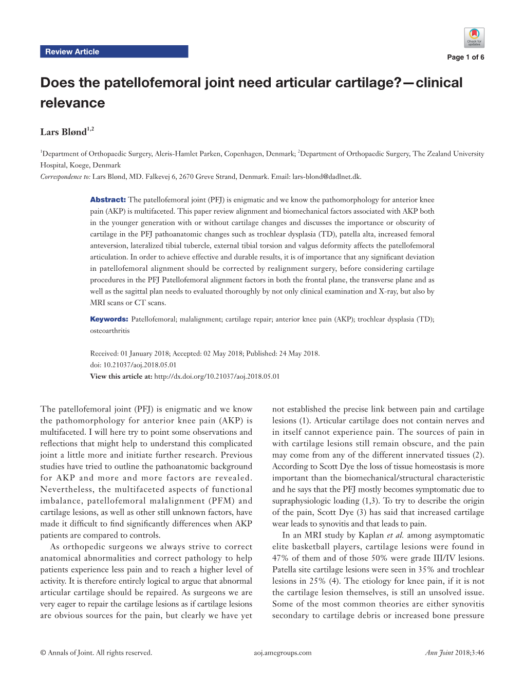 Does the Patellofemoral Joint Need Articular Cartilage?—Clinical Relevance