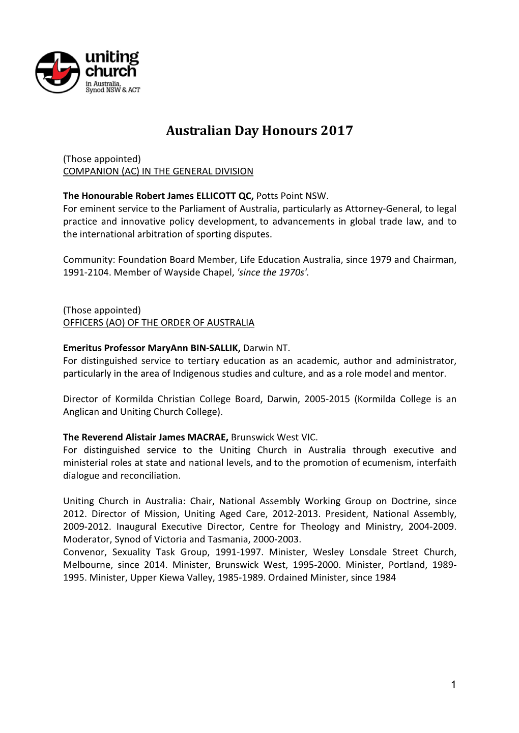 Australian Day Honours 2017
