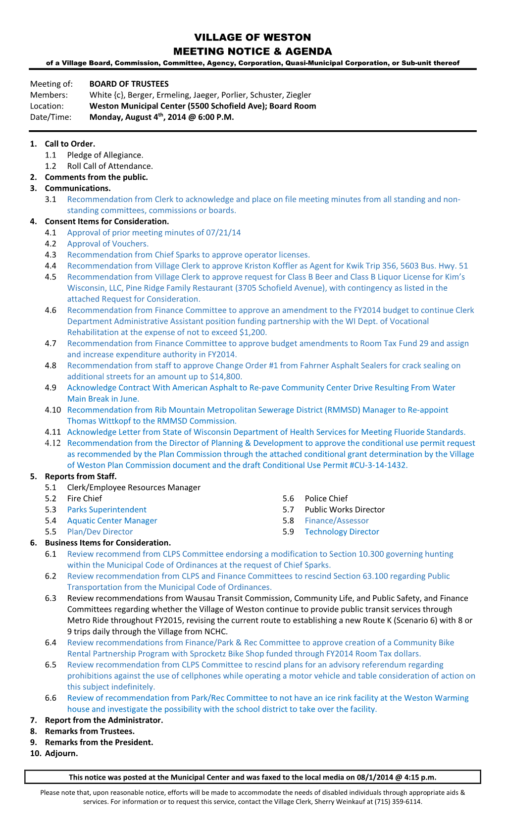 Village of Weston Meeting Notice & Agenda