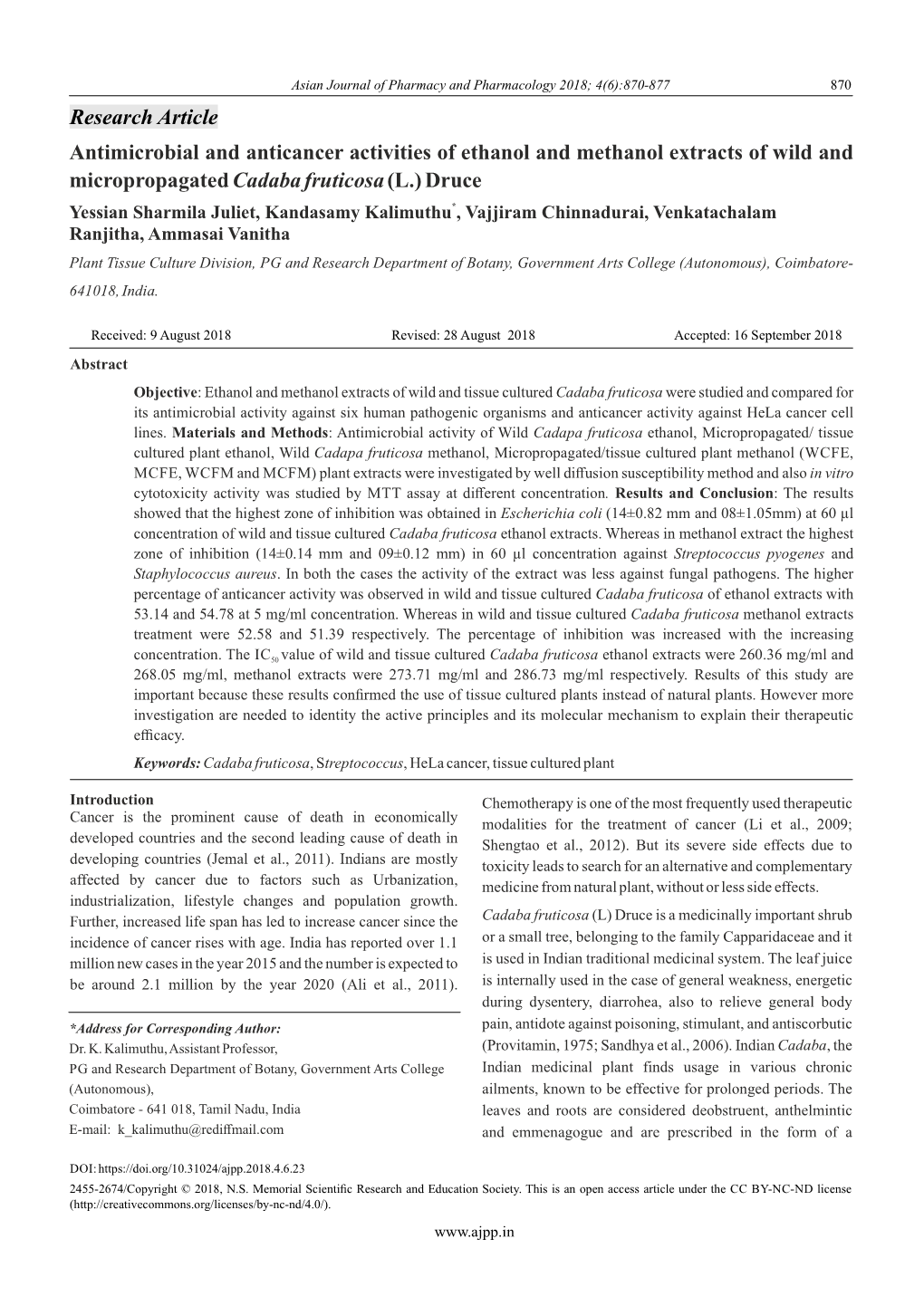 Antimicrobial and Anticancer Activities of Ethanol and Methanol Extracts Of