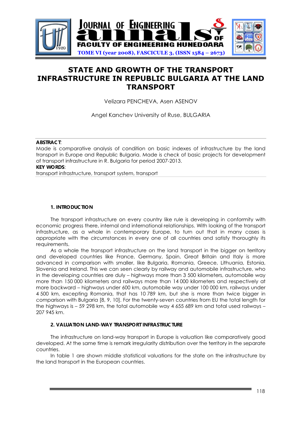 State and Growth of the Transport Infrastructure in Republic Bulgaria at the Land Transport